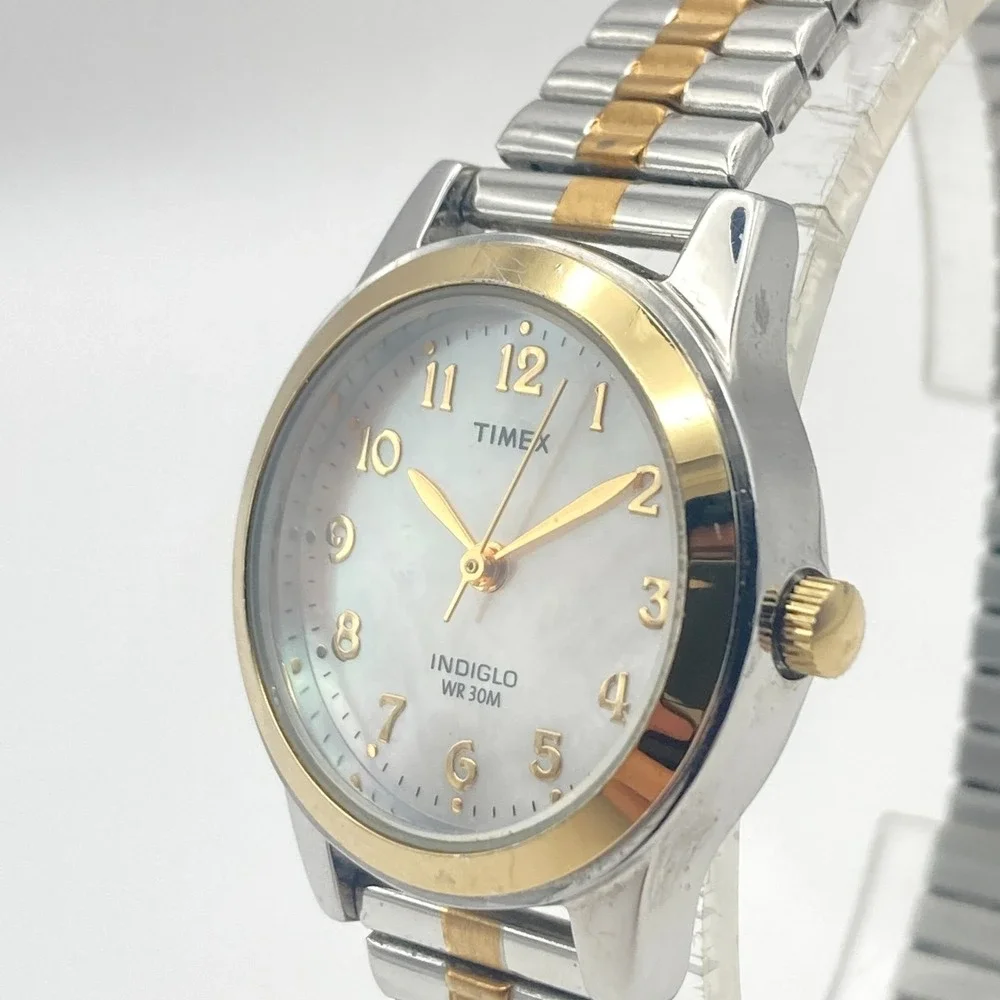 Timex Women's Watch 25mm Silver Gold Two Tone MOP Indiglo Stretch New Battery
